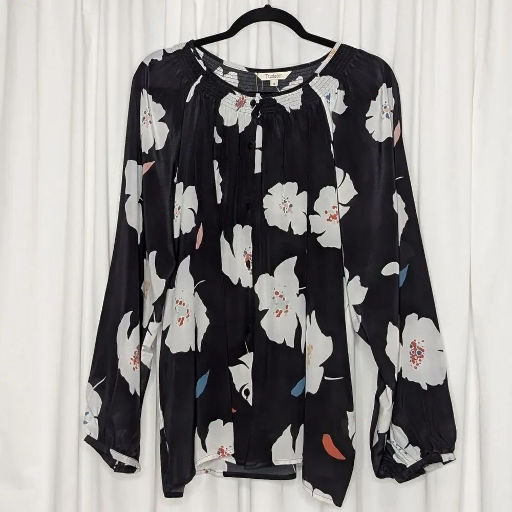 Tucker NYC Clara Blouse Black Poppies in Silk Crepe de Chine Floral Top